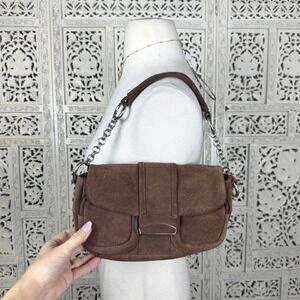 Chocolate Brown Suede Leather Multi Pocket Hand Bag Retro Cargo Two Pocket
